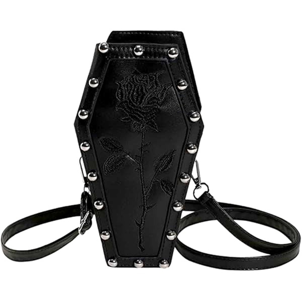 Black Coffin Shaped Studded Crossbody w/ Embroidered Rose